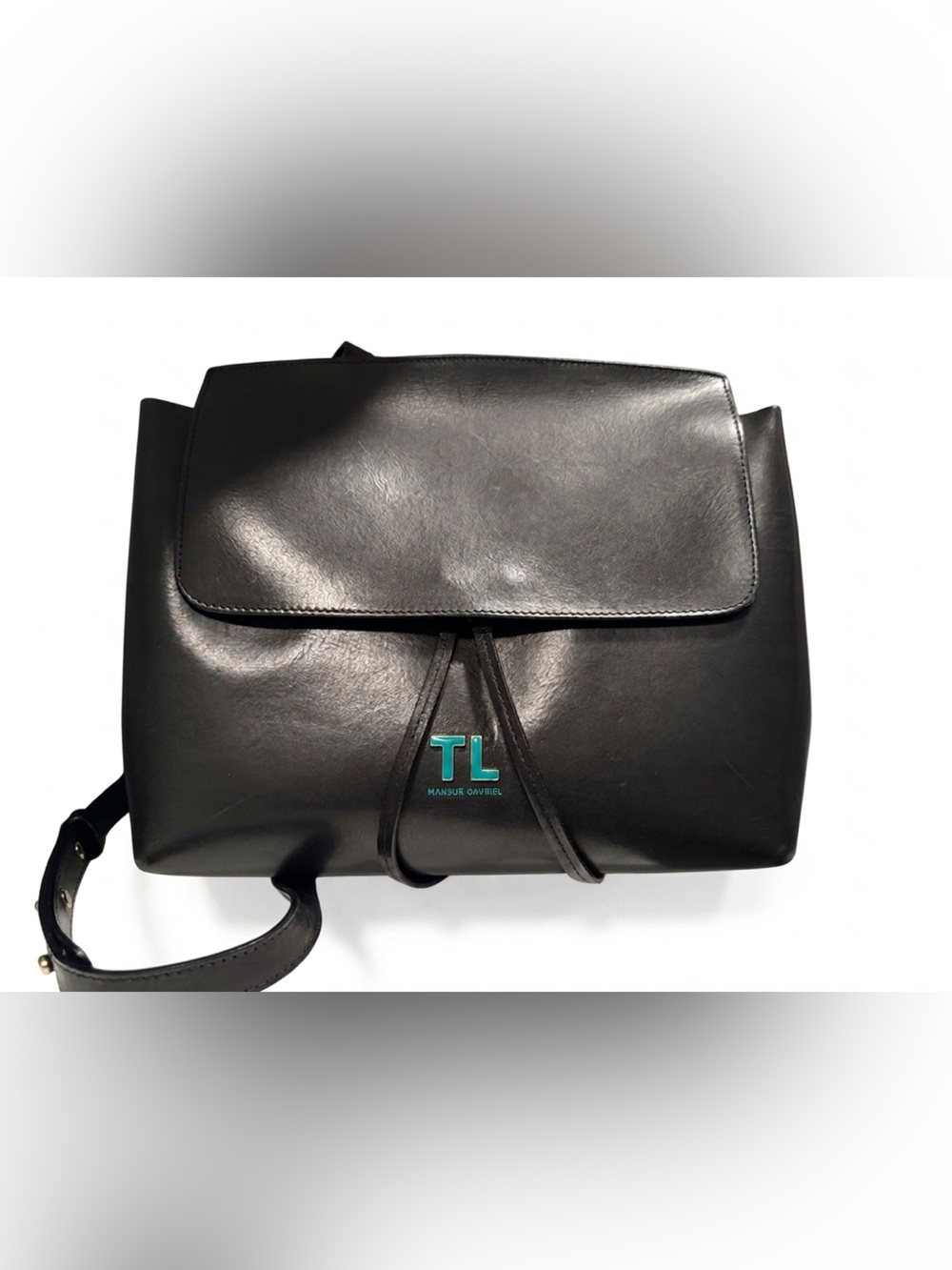 Monogrammed TL. Black Leather Shoulder Bag. Medium